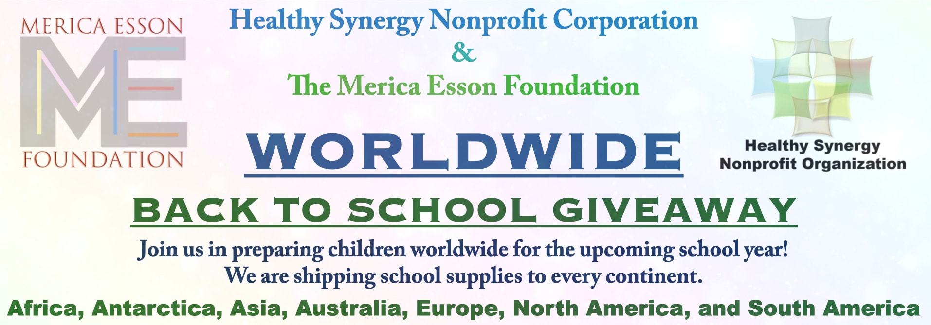 Worldwide Back-to-School Giveaway — Healthy Synergy Nonprofit Corporation and the Merica Esson Foundation